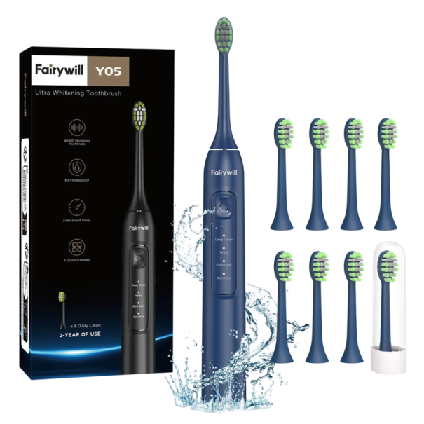 Elektrische sonische tandenborstel USB-oplaadbaar, waterdicht, IPX7, 8 vervangende koppen, 30 seconden herinnering, 2 minuten timer, snel opladen blauw