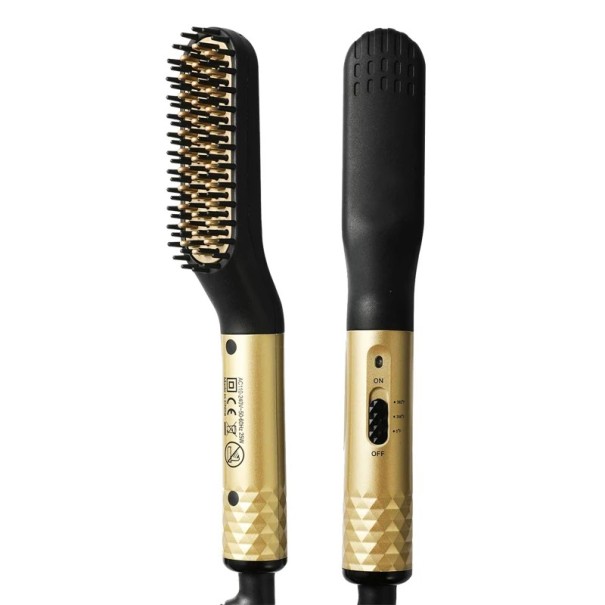 Elektrischer Heißkamm für Haare und Bart für Männer, 25 W, Negativ-Ionen-Eisen, Nass- und Trockenhaarbürste, schnelles Styling, EU-Stecker golden