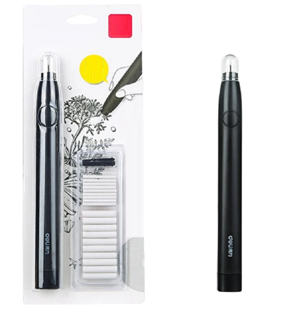 Elektrisk penna med infällbart suddgummi för 2 AAA-batterier med reservtillbehör Justerbart elektriskt suddgummi Penna med tunt och tjockt suddgummi Suddgummi med olika tjocklekar i form av en penna 17,5 x 1,8 cm