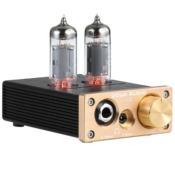 Elektronkový sluchátkový zesilovač a stereo HiFi předzesilovač 1100 mW, 3,5/6,35 mm, RCA, elektronky 6A2, kovový, černo-zlatý, stolní audio 1