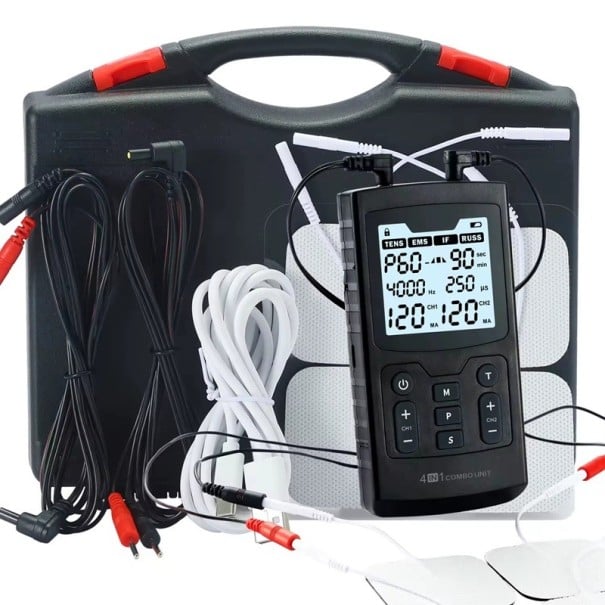 Elektrostimulátor svalů TENS EMS IFC RUSS 4v1 60 programů 4000 Hz 2 kanály LCD displej úleva od bolesti a rehabilitace svalů černá