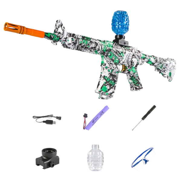Elektryczny dziecięcy pistolet maszynowy na kulki żelowe 73 x 32 cm. Pistolet dla dzieci z magazynkiem, okularami ochronnymi, ładowaniem USB i śrubokrętem zielony