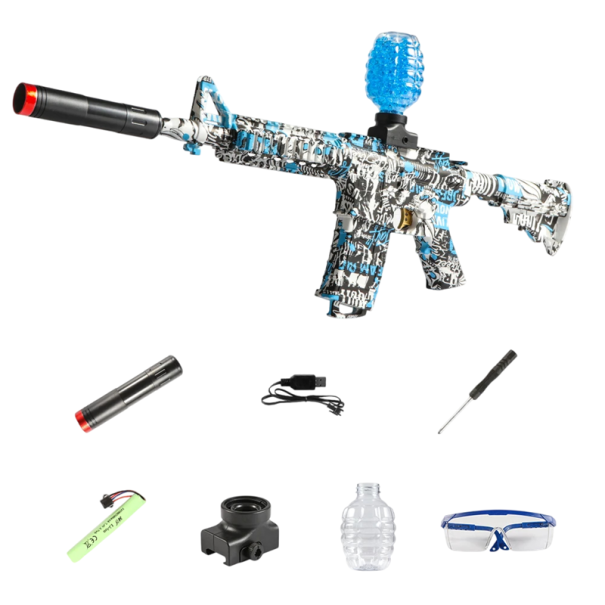 Elektryczny dziecięcy pistolet maszynowy na kulki żelowe 75 x 32 cm. Pistolet dla dzieci z magazynkiem, okularami, ładowaniem USB niebieski