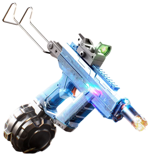 Elektryczny pistolet na wodę z oświetleniem i składanym stojakiem 32,5 x 30 x 12,5 cm Magazynek bębnowy Obsługa ręczna i elektryczna Zasięg 10 m niebieski
