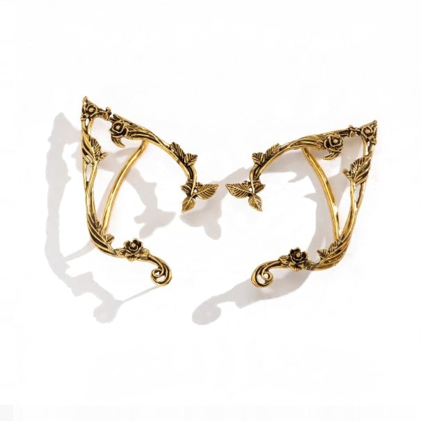 Elfachtige oorclips zonder piercen 1 paar 7,5 cm Decoratieve elfachtige oren met bloemen en bladeren Klips oorbellen voor het hele oor Fantasy goud