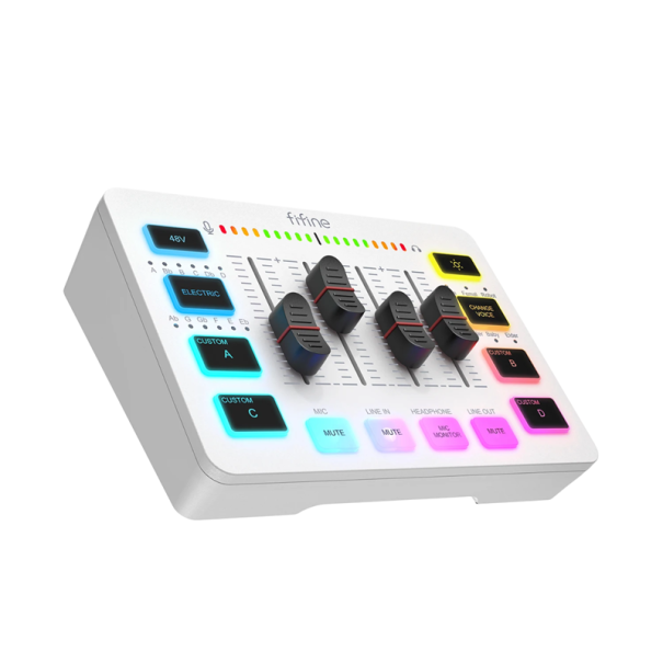 Élő audio keverőpult PC-hez RGB háttérvilágítással és hangváltoztató funkcióval Professzionális USB hangkártya streaminghez, felvételhez, játékhoz fehér