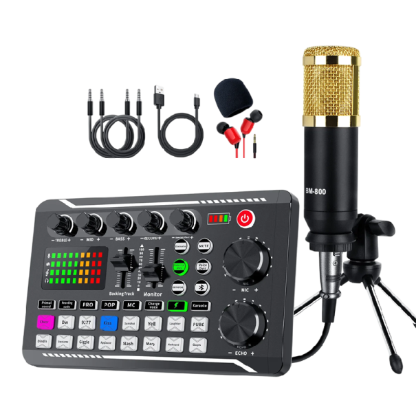 Élő audio mixáló pult PC-hez RGB háttérvilágítással, hangváltoztatással, 16 hanghatással, zajcsökkentéssel, mikrofonnal, Bluetooth-szal és 1200mAh 1
