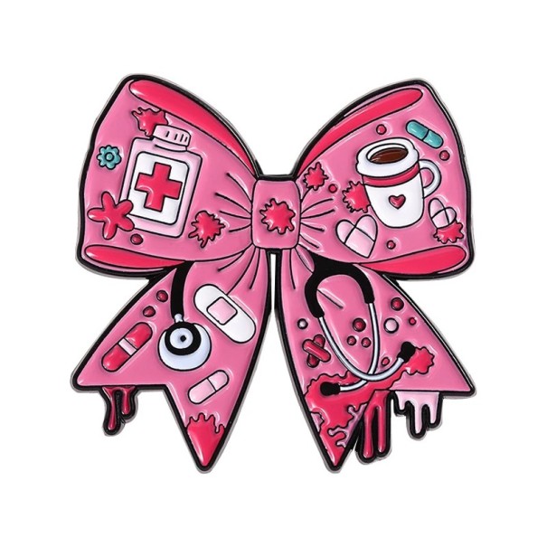 Εμαγιέ καρφίτσα φιόγκος με ιατρικά θέματα περίπου 3 × 3 εκ. μεταλλικό σήμα ροζ στηθοσκόπιο ιατρικό αξεσουάρ για ρούχα σακίδιο 1