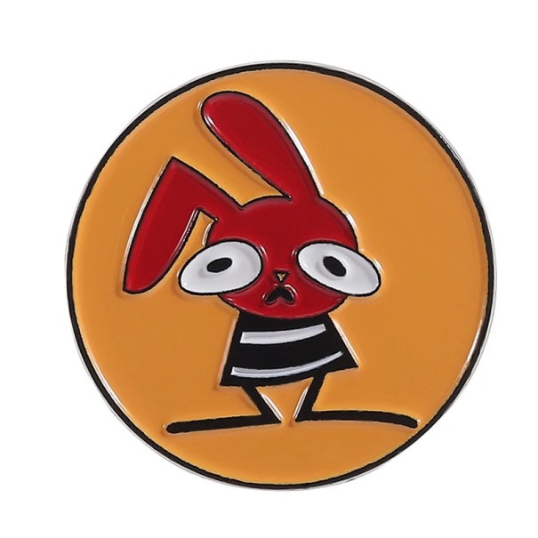 Emaille-Brosche gezeichneter roter Hase im Kreis ca. 3 × 3 cm Klopfabzeichen rot-orange Motiv Zubehör für Rucksack Kleidung 1