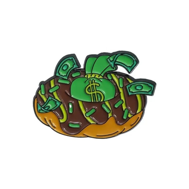 Emaille-Pin Donut mit Zuckerguss und Geldmotiven ca. 2,3 × 3,3 cm Metallbrosche grün-brauner Anstecker für Kleidung Revers Rucksack Zubehör 1