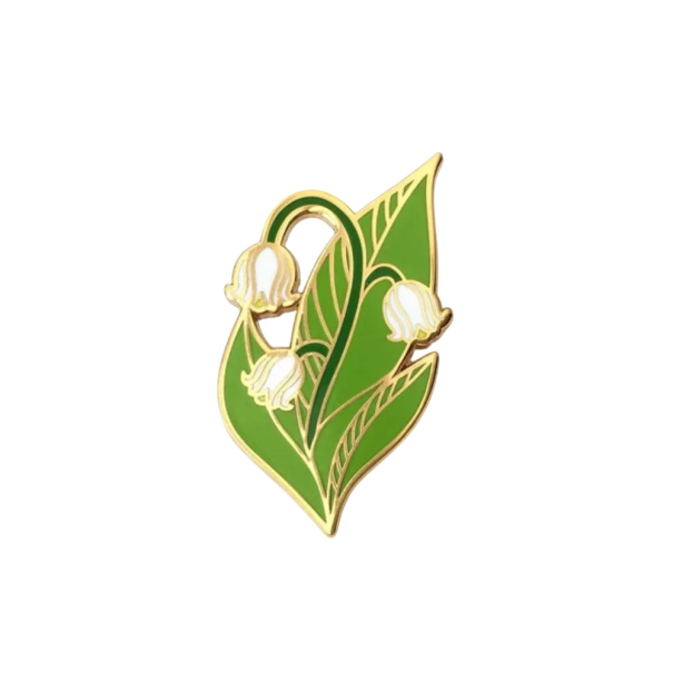 Emaille-Pin Maiglöckchen botanische Brosche metallisches Abzeichen weiße Blüten grüne Blätter Blumen Schmuck Accessoire für Rucksack Kleidung Revers 1