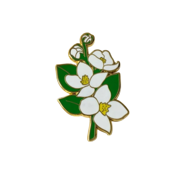 Emaille-Pin mit weißen Blumen und grünen Blättern botanische Brosche Metallabzeichen weiß grün natürliche Motive Zubehör für Rucksack Klappe 1