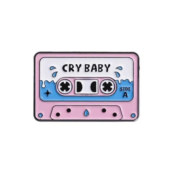 Emaille pin muziekcassette Cry Baby metalen broche roze-blauw retro speld voor op de revers rugzak tas kleding met tranenmotief 1