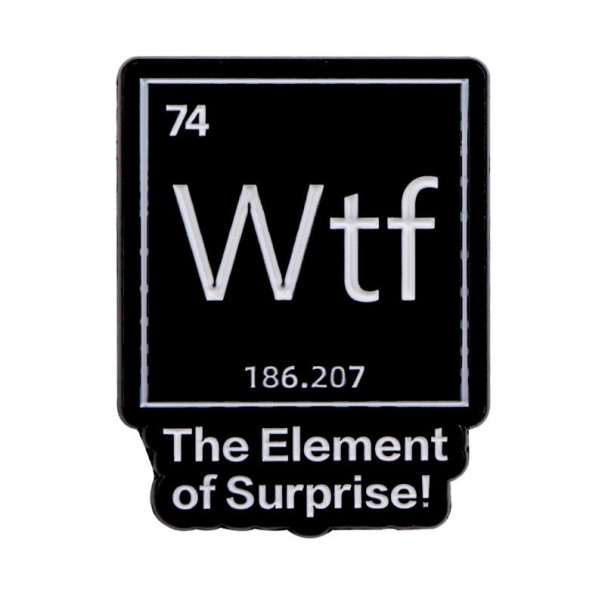 Emaljerad brosch kemiskt element Wtf ca 2,3 x 3 cm metallmärke svart-vitt minimalistiskt motiv tillbehör till ryggsäck kläder 1