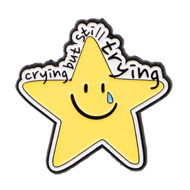Emaljeret pin badge med citat stjerne ca. 3,2 × 3,2 cm metalbroche gul hvid sort blå tegnet motiv tilbehør til rygsæk 1