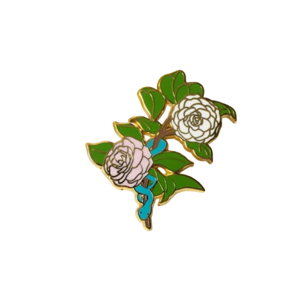 Emaljeret pin med blomster, blade og slange botanisk broche hvid grøn blå metalbadge naturligt motiv tilbehør til rygsæk klap 1