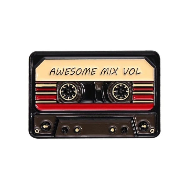 Emaljeret pin musik kassette Awesome Mix Vol ca. 1,8 × 2,8 cm metalisk broche sort-rød retro badge til revers rygsæk taske 1