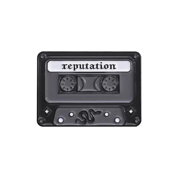 Emaljeret pin musik kassette reputation ca. 2,8 × 2 cm metal brosche sort-grå retro badge til klap, rygsæk, taske, tøj 1
