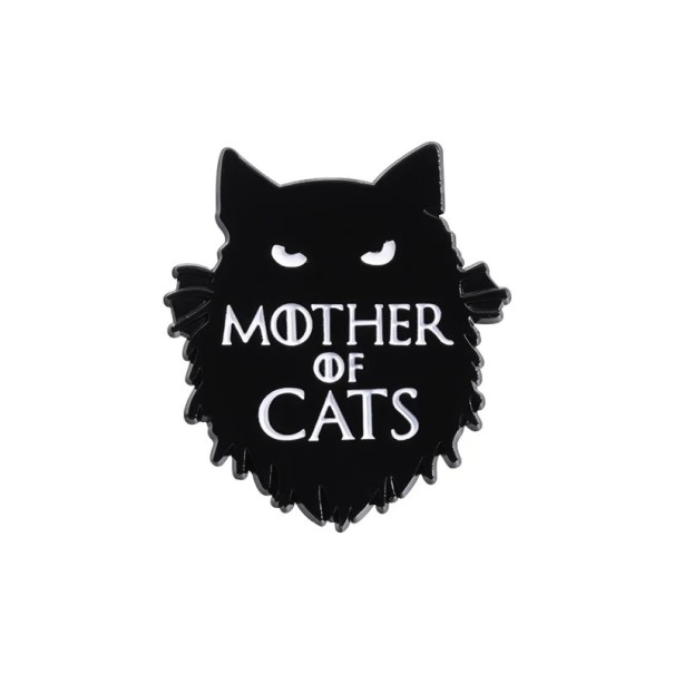 Emaljpin katt med texten Mother of Cats ca 2,8 × 2,5 cm svart märke djur brosch för kavaj ryggsäck kläder 1