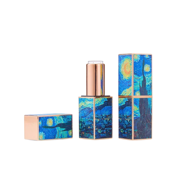 Emballage vide pour rouge à lèvres avec fermeture magnétique 21×76 mm en plastique bleu doré avec motif de ciel nocturne et étoiles pour usage cosmétique 1