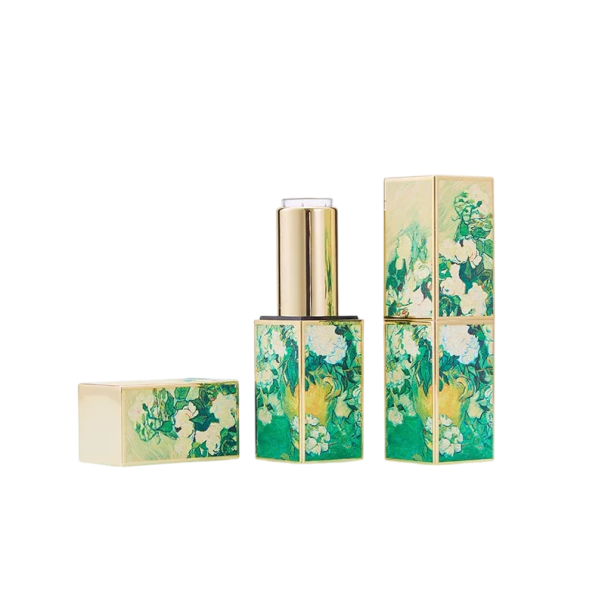 Emballage vide pour rouge à lèvres avec fermeture magnétique 21×76 mm en plastique vert-beige avec motif floral et éléments dorés pour cosmétiques 1