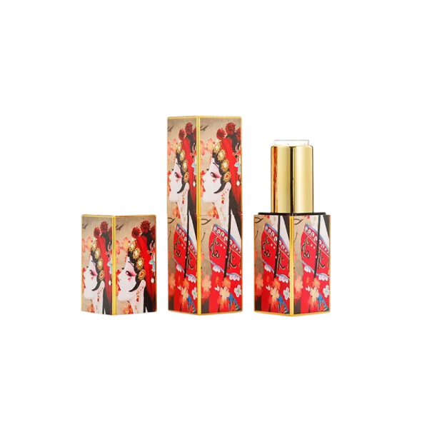 Emballage vide pour rouge à lèvres avec fermeture magnétique 22×74 mm en plastique rouge avec éléments dorés et impression de visage pour cosmétiques 1