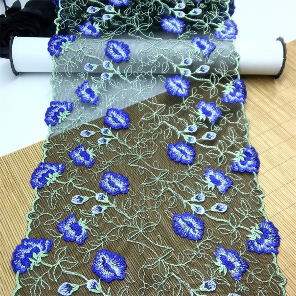 Embroidered Lace Netting 20.5 x 91 cm Polyester Lace with Blue Flower Motif Decorative Fabric for Sewing Garments Decorations DIY 1