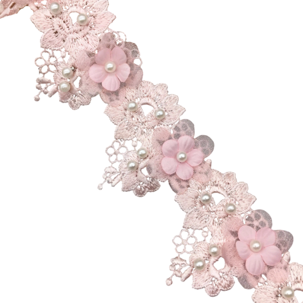 Embroidered Lace Ribbon with Flowers and Beads 5 cm x 91 cm Decorative Lace Polyester and Cotton Sewing Ribbon for Wedding Decorations pink