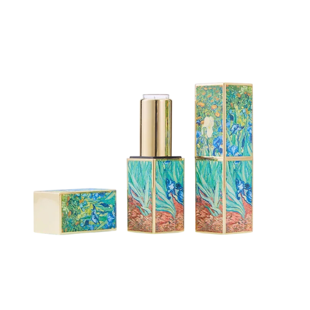 Empty Lipstick Case with Magnetic Closure 21×76 mm Plastic Green-Blue with Golden Elements and Floral Motif for Cosmetics 1
