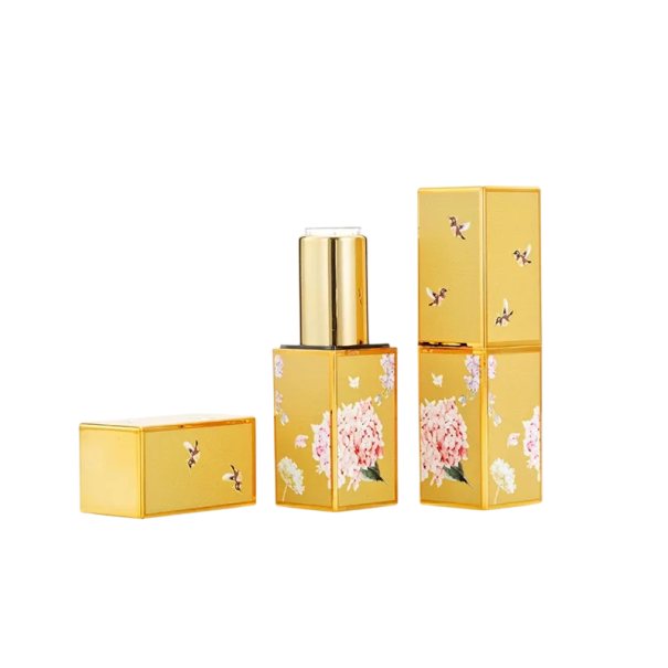 Empty Lipstick Case with Magnetic Closure 22×74 mm Plastic Yellow with Golden Elements and Floral and Bird Motif for Cosmetics 1