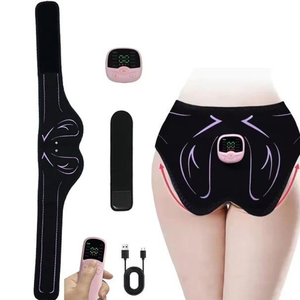EMS trenažér na hýždě a boky 10 režimů a 30 úrovní intenzity Délka 110 cm Nabíjení přes USB Černý pás s růžovým ovladačem Na posílení svalů 1