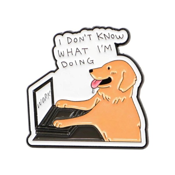 Enamelled Pin Dog with Laptop and Quote 3.2 × 3.2 cm Metal Brooch Beige Black White Badge for Backpack Lapel Clothing 1