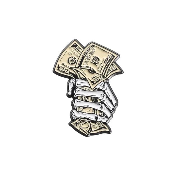 Enamelled Pin Skeleton Hand with Banknotes Approximately 2 × 3 cm Metal Brooch Beige and Black Money Motif Badge for Clothing Lapel Backpack 1