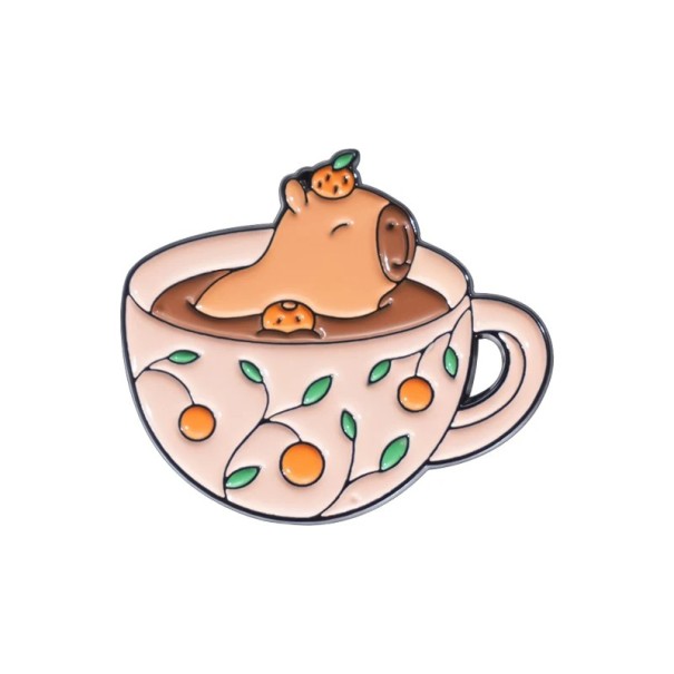 Enamelled Pin Tea Cup with Capybara 3 × 2.6 cm Metal Beige-Orange Badge for Backpack Clothing Lapel Cute Accessory 1