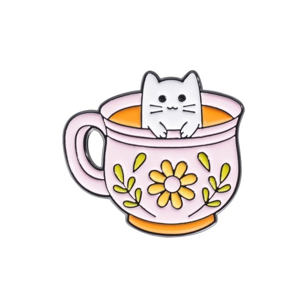 Enamelled Pin Tea Cup with Cat 2.9 × 2.7 cm Metal Pink and Yellow Badge for Backpack Clothing Lapel Cute Accessory 1