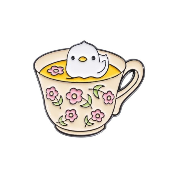Enamelled Pin Tea Cup with Chick 2.9 × 2.6 cm Metal Beige-Yellow Badge for Backpack Clothing Lapel Cute Accessory 1