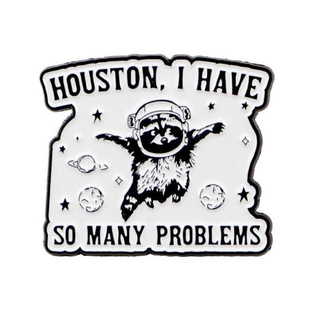 Enamelled Raccoon Astronaut Pin with Inscription Approximately 3.2 × 2.7 cm Cartoon Design Black and White Badge for Backpack Clothing Lapel 1