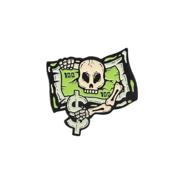 Enamelled Skeleton Pin with Banknote and Dollar Approximately 2.5 × 2.8 cm Metal Brooch Green and Black Money Motif Badge for Clothing Lapel Backpack 1