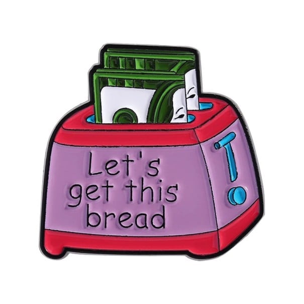 Enamelled Toast Pin with Banknotes and Inscription, Approx. Metal Brooch, Pink Red Green Badge for Clothing, Lapel, Backpack Accessory 1