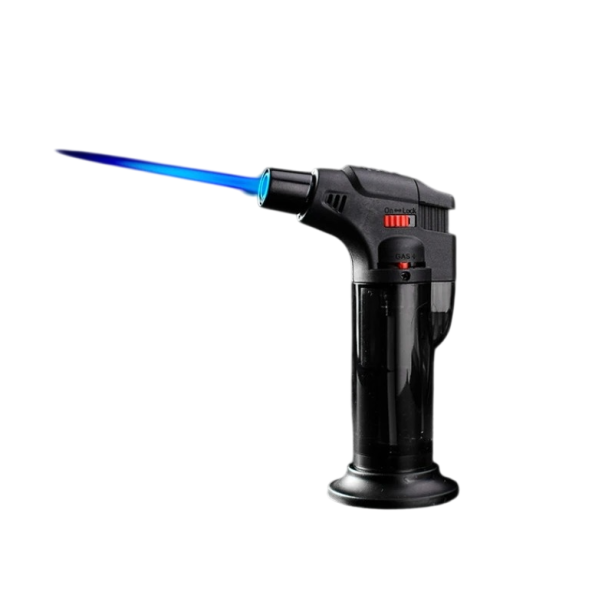 Encendedor de chorro recargable de butano a prueba de viento con llama ajustable y tanque de combustible visible con seguro para niños negro