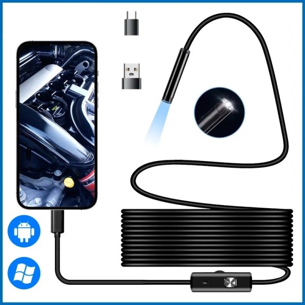 Endoskopkamera, 7 mm LED, wasserdicht, 2-in-1, MicroUSB Typ-C, Minikamera für Android-PC, weiches, flexibles Kabel, 2 m 1