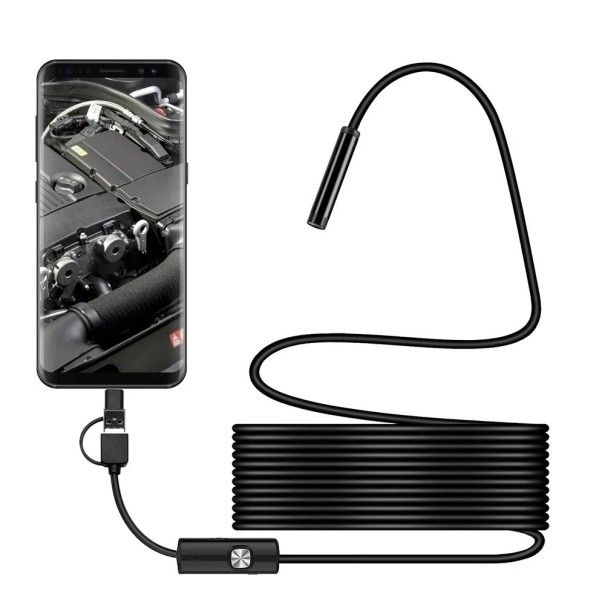 Endoskopkamera 7mm 3i1 USB Type-C microUSB IP67 LED minikamera med fast kabel til Android og PC inspektionslængde 2m 1
