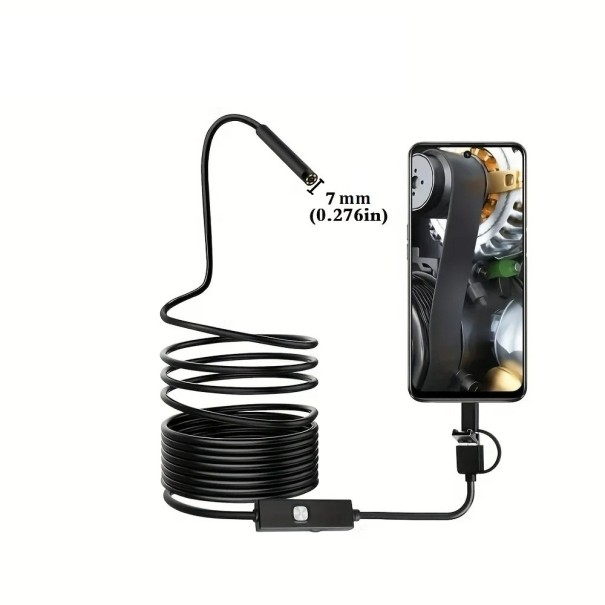 Endoszkóp kamera 7 mm-es 3 az 1-ben USB C típusú microUSB LED vízálló mini kamera Android és PC autóvizsgálathoz, 1 m hosszú 1