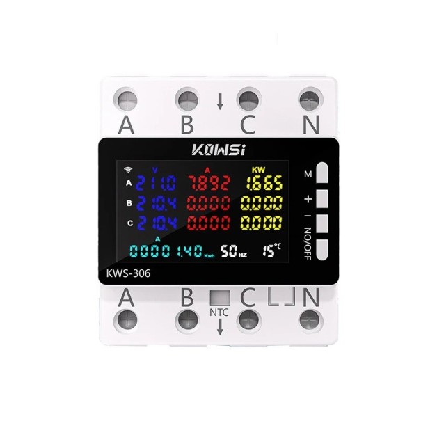 Energie- en netmeter AC 85–290 V 80 A 3 fasen 4 draden DIN rail KWS-306 zonder Wi-Fi Overspanning Onder spanning Overbelasting 1