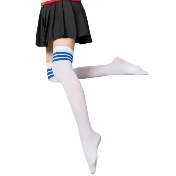 Enge elastische Damen-Kniestrümpfe mit drei Streifen Stylische elastische hohe Socken Sportlicher Retro-Look Bequem über dem Knie blau