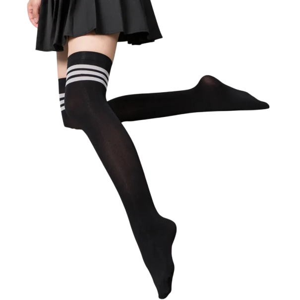 Enge elastische Damen-Kniestrümpfe mit drei Streifen Stylische elastische hohe Socken Sportlicher Retro-Look Bequem über dem Knie schwarz