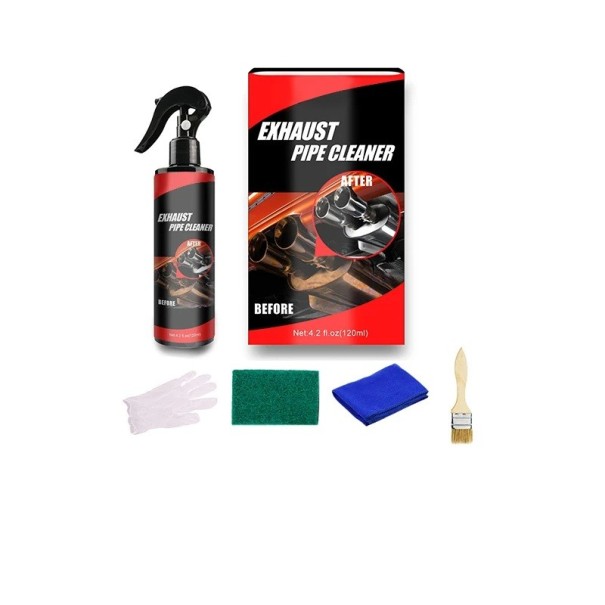 Ensemble 5 en 1 nettoyant pour échappements en spray 120 ml + pâte à polir les métaux 50 g Pinceau Chiffon Gants Tampon de nettoyage contre la rouille 1