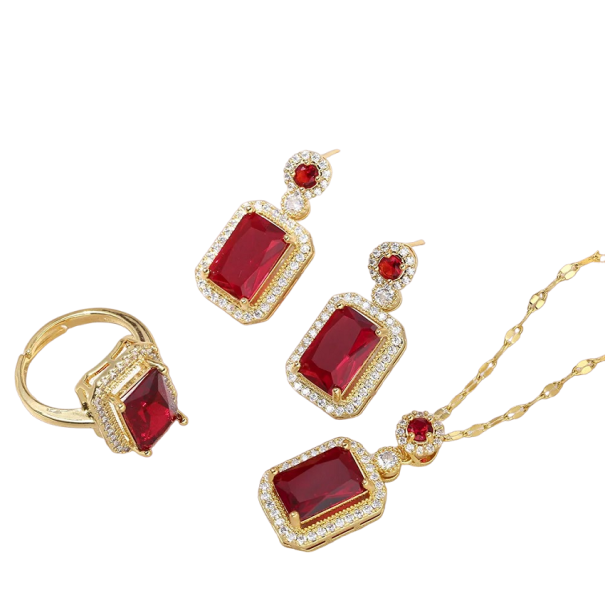 Ensemble cadeau pour femmes 3 pièces collier, boucles d'oreilles et bague rouge