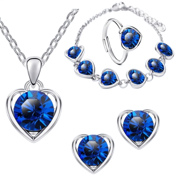 Ensemble cadeau pour femmes 4 pièces collier, boucles d'oreilles, bracelet et bague en forme de cœur bleu