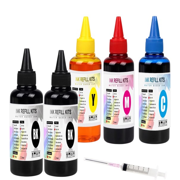 Ensemble d'encre universelle 5 pcs 100 ml 2x Noir Cyan Magenta et Jaune À base d'eau Pour HP Canon Epson et Brother Pour le remplissage de cartouches 1